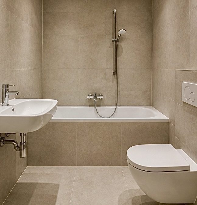 Modern saniertes Bad mit großformatigen beigen Fliesen und Badewanne