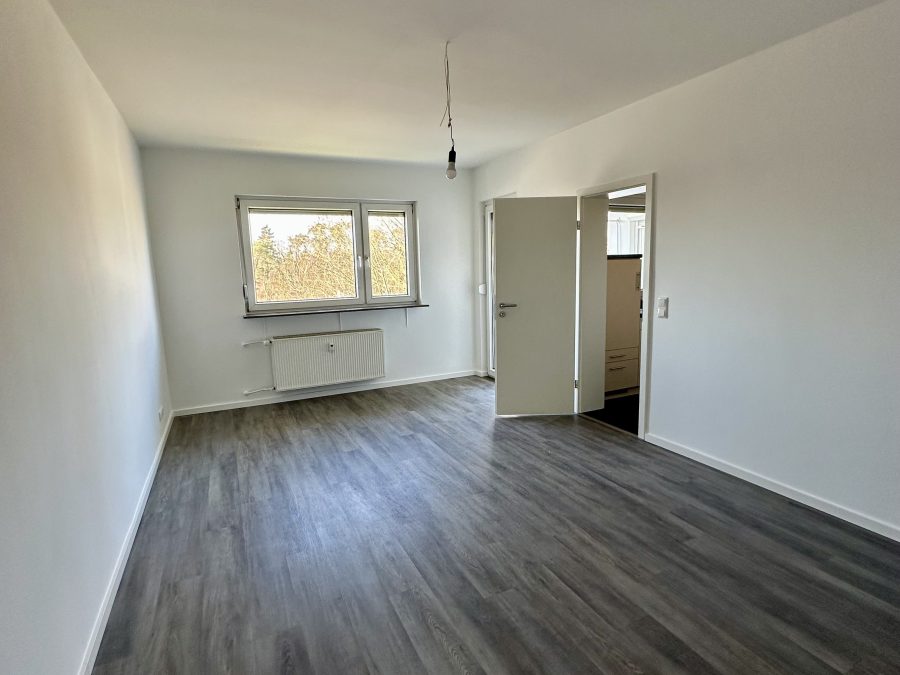 Saniertes leeres Wohnzimmer mit weißen Wänden und dunklem Laminat