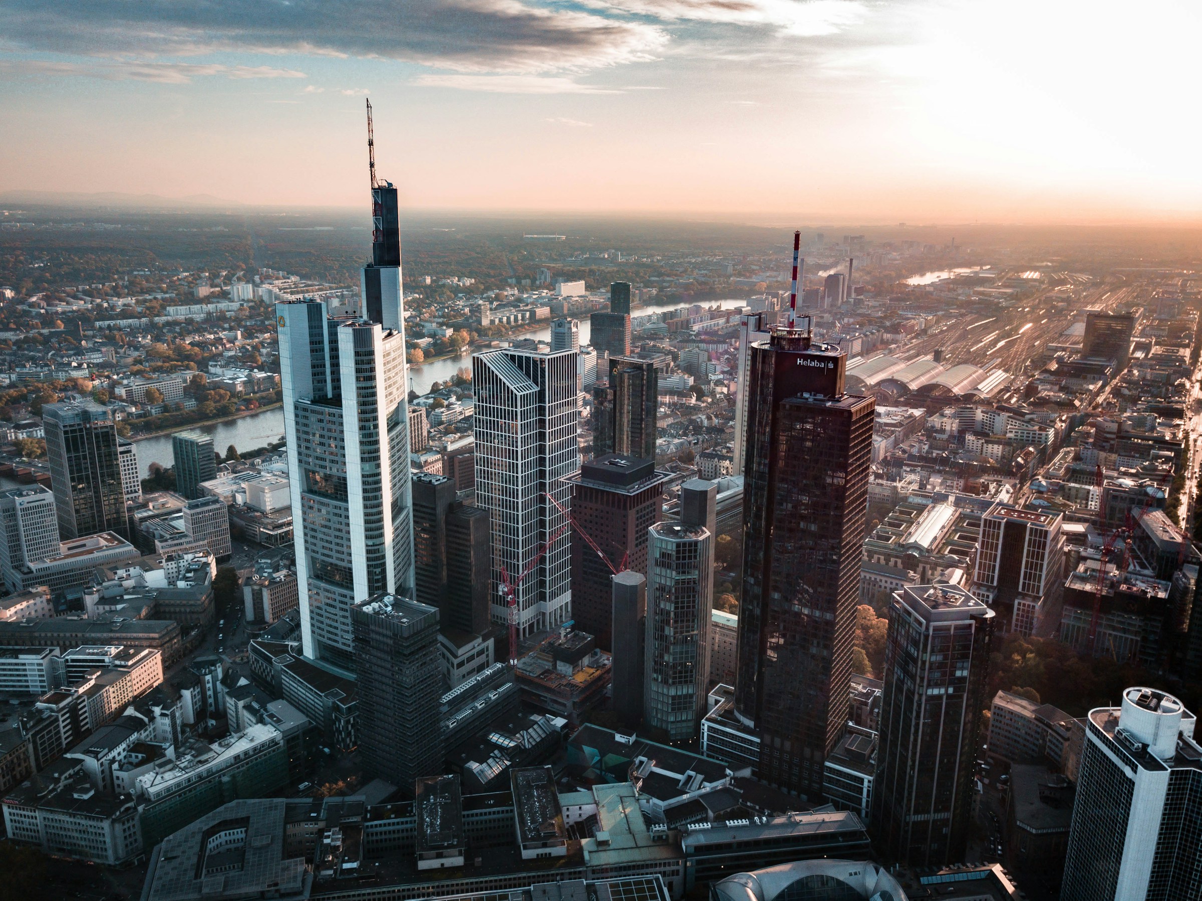 Blick über die Frankfurter Skyline im warmen Abendlicht